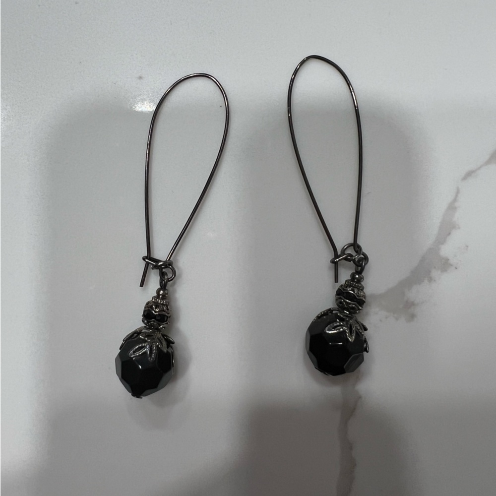 Express Black Multi-Faceted Bead and Graphite Silver Hoop Drop Earrings